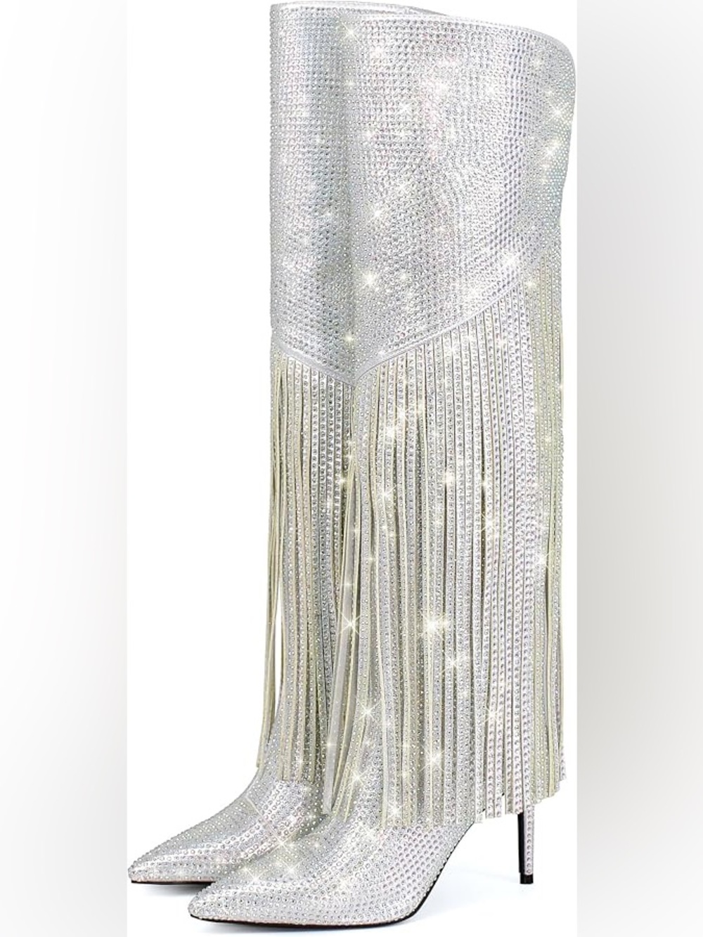 Silver Rhinestone Fringe high Stiletto Boots - Picture 9 of 9